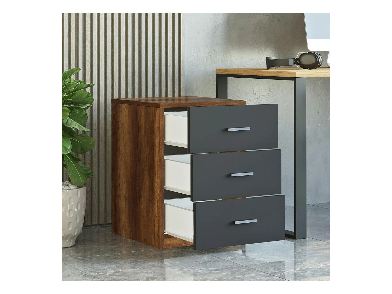 Caisson de bureau 3 tiroirs effet noyer et gris MARFA
