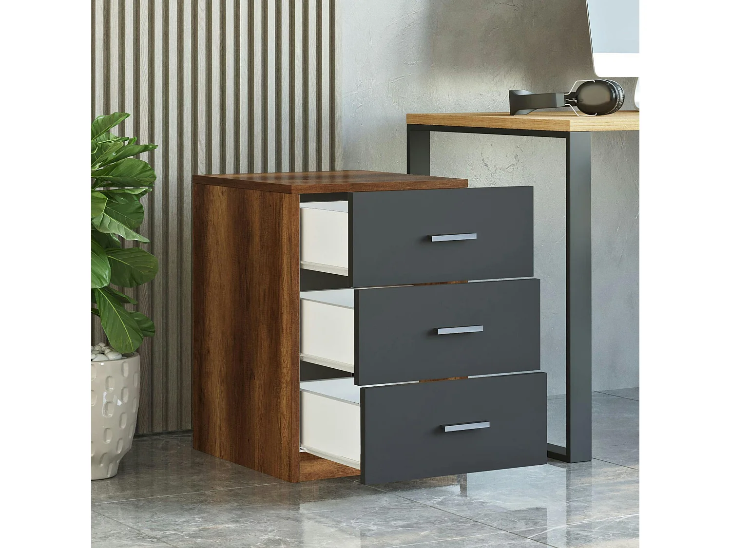 Caisson de bureau 3 tiroirs effet noyer et gris MARFA