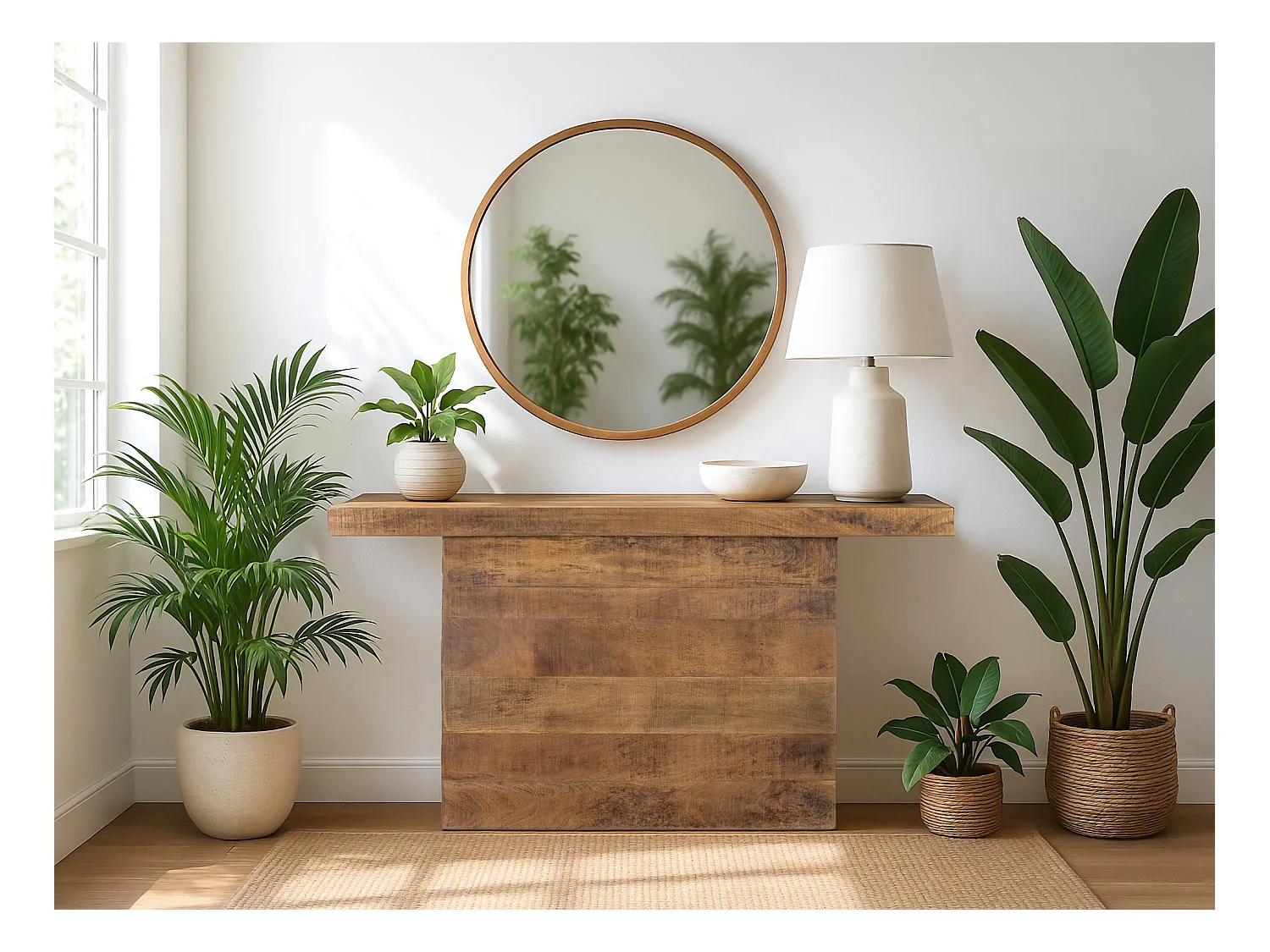 Console en manguier massif, base piédestal et finition naturelle