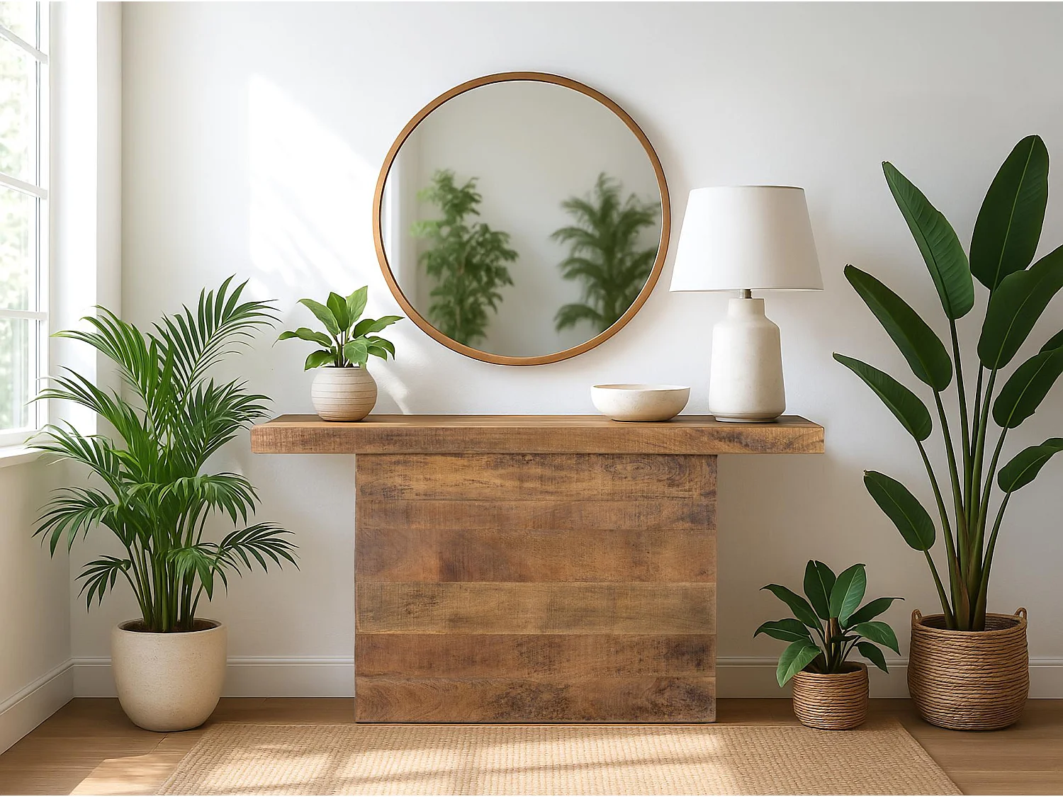 Konsoll laget av heltre mango, sokkel og naturlig finish