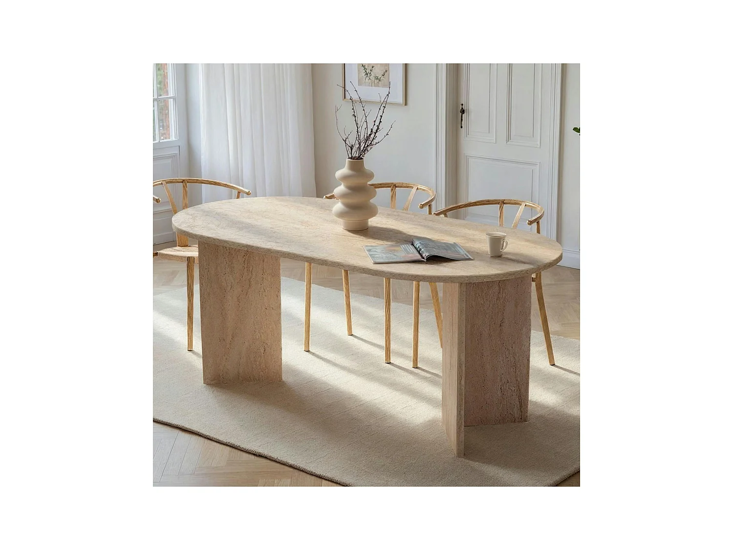 Table à manger moderne effet travertin pieds en V 180 cm MARFA