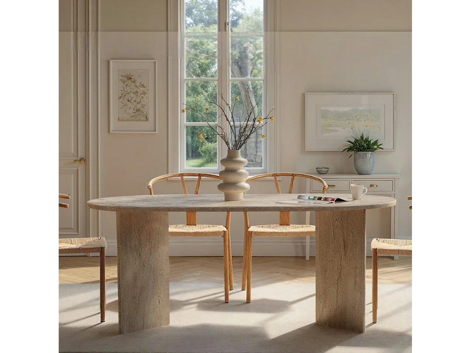 Table à manger moderne effet travertin pieds en V 180 cm MARFA