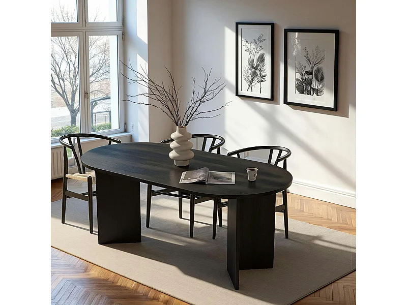 Table à manger moderne noire effet bois pieds en V 180 cm MARFA