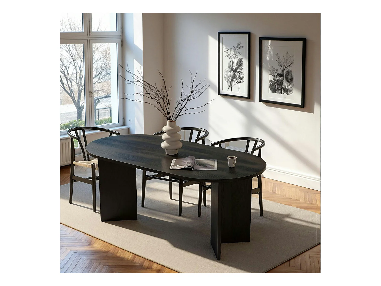 Table à manger moderne noire effet bois pieds en V 180 cm MARFA