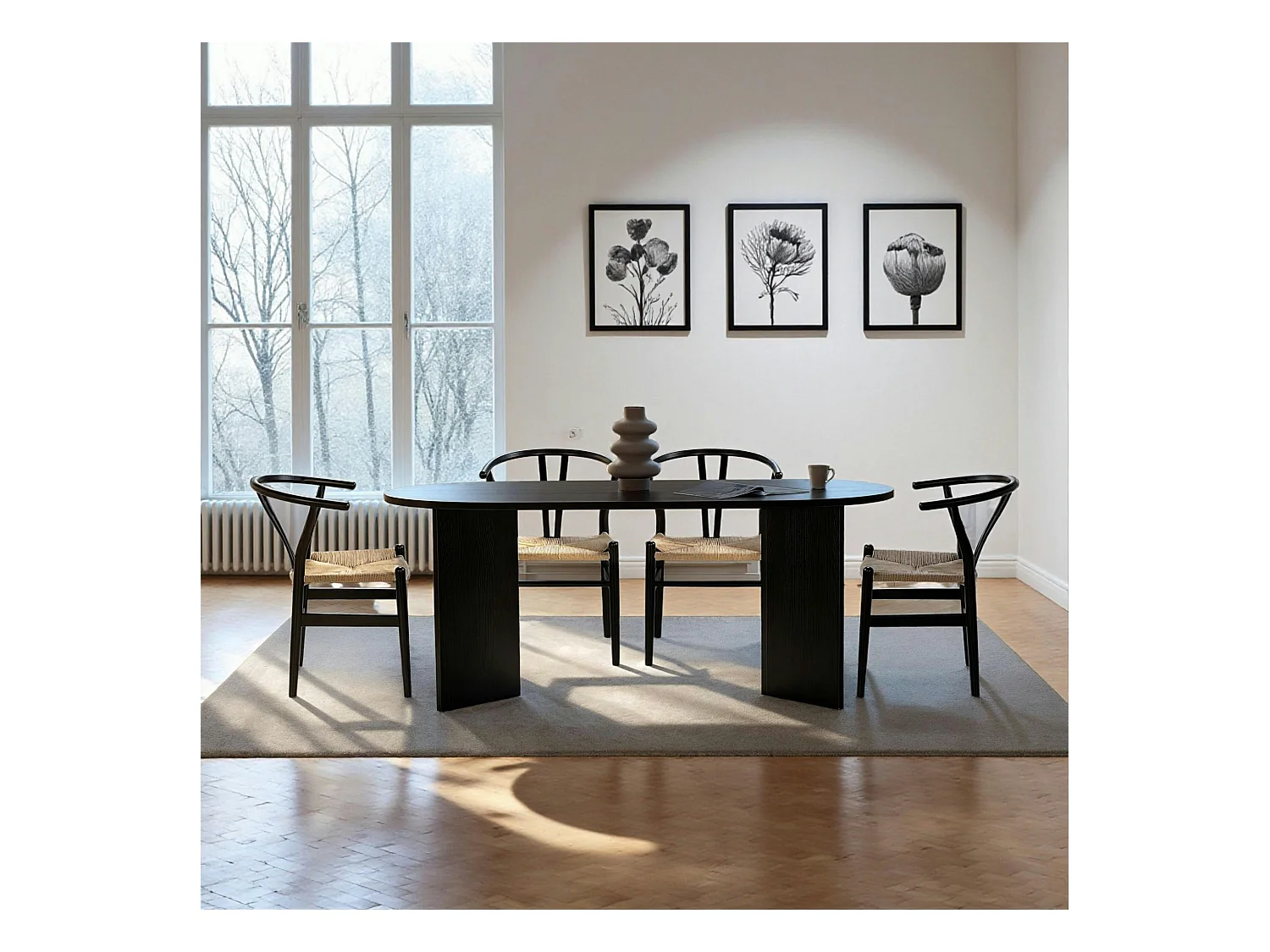 Table à manger moderne noire effet bois pieds en V 180 cm MARFA