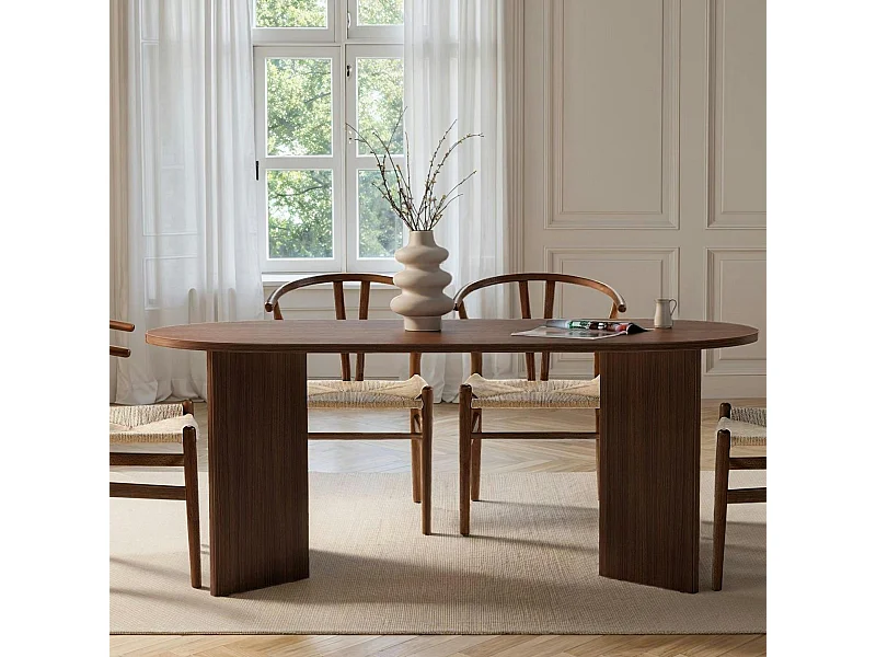 Table à manger moderne effet noyer pieds en V 180 cm MARFA