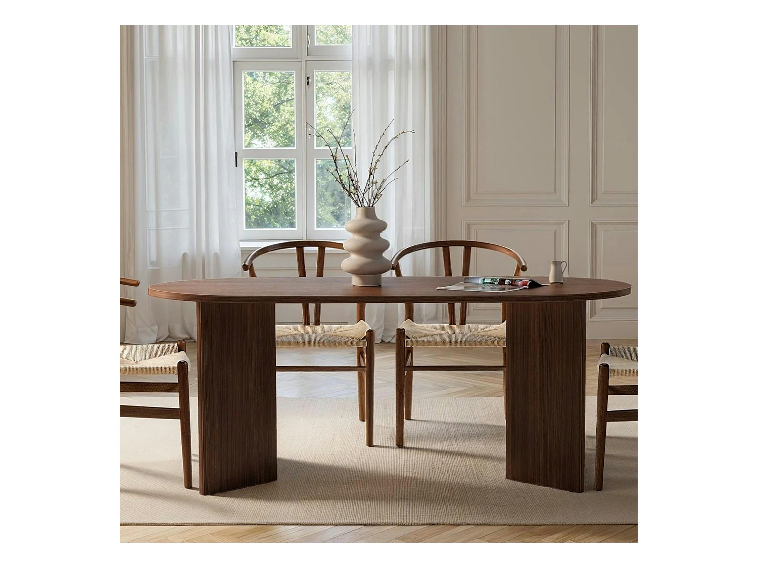 Table à manger moderne effet noyer pieds en V 180 cm MARFA