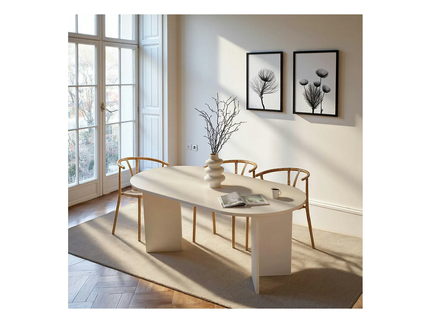 Table à manger moderne blanche effet bois pieds en V 180 cm MARFA