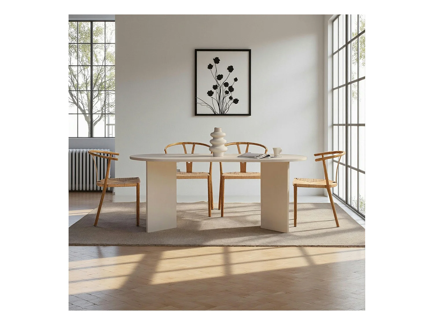 Table à manger moderne blanche effet bois pieds en V 180 cm MARFA