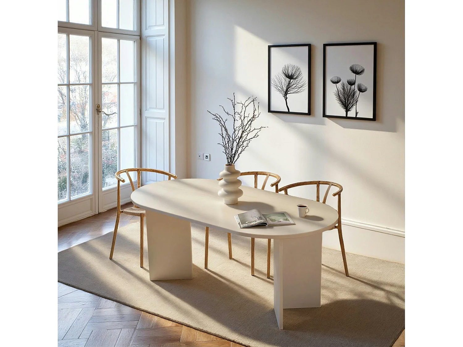 Table à manger moderne blanche effet bois pieds en V 180 cm MARFA