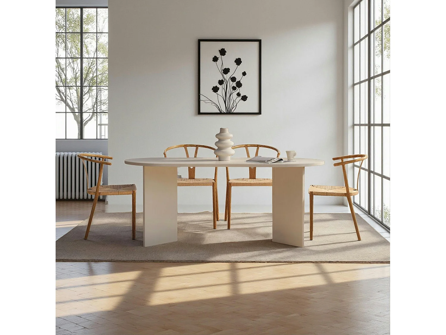 Table à manger moderne blanche effet bois pieds en V 180 cm MARFA