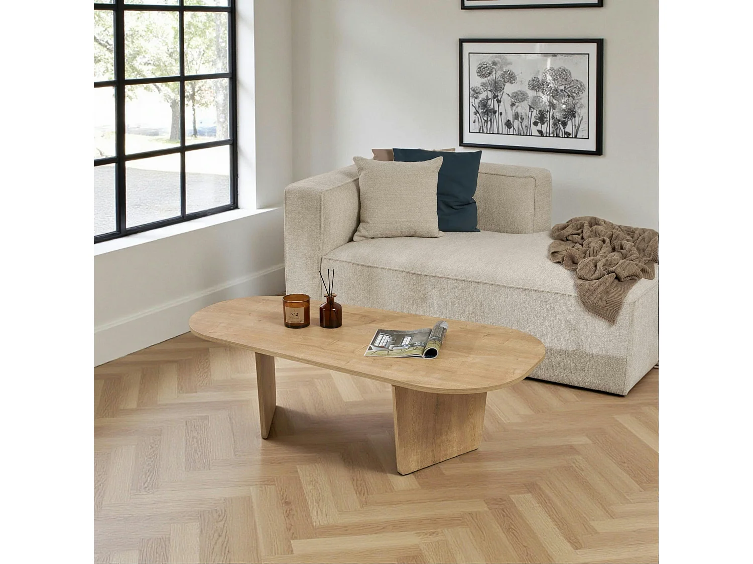 Table basse design organique effet bois, pieds obliques MARFA