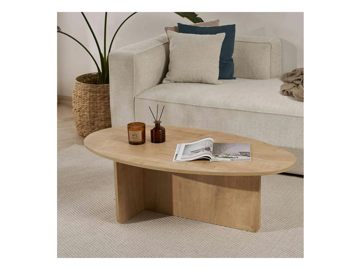 Table basse moderne ovale effet bois clair – pied en T MARFA
