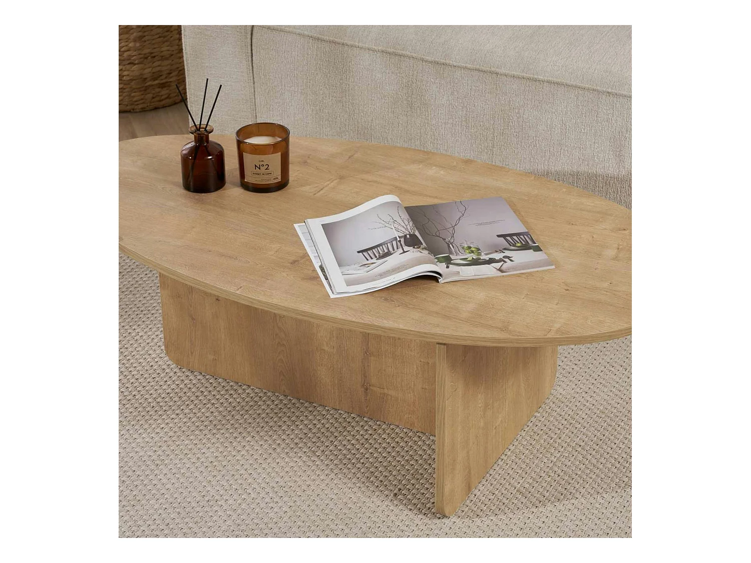 Table basse moderne ovale effet bois clair – pied en T MARFA