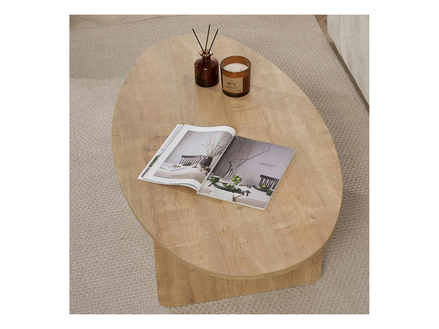 Table basse moderne ovale effet bois clair – pied en T MARFA
