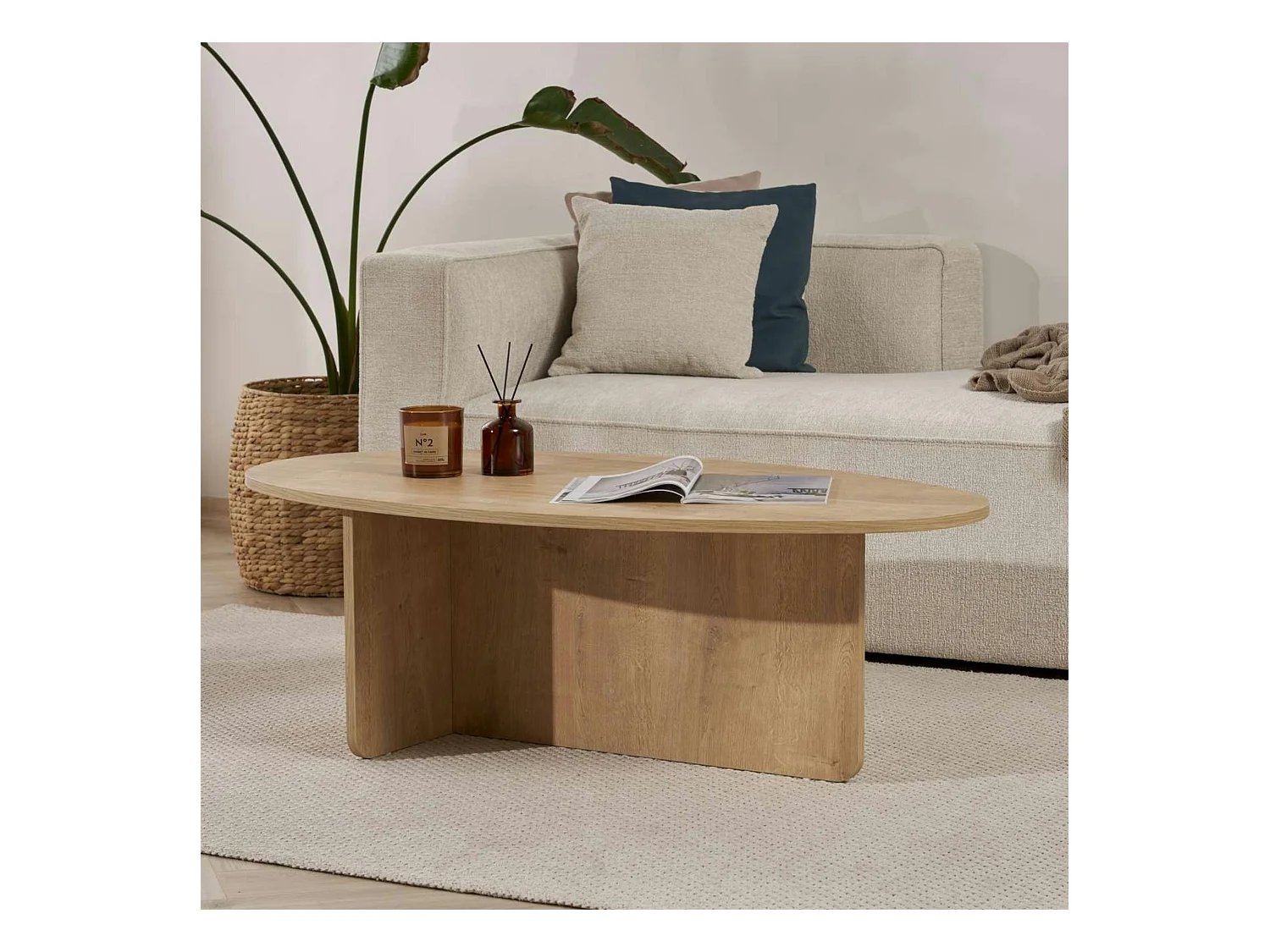 Table basse moderne ovale effet bois clair – pied en T MARFA