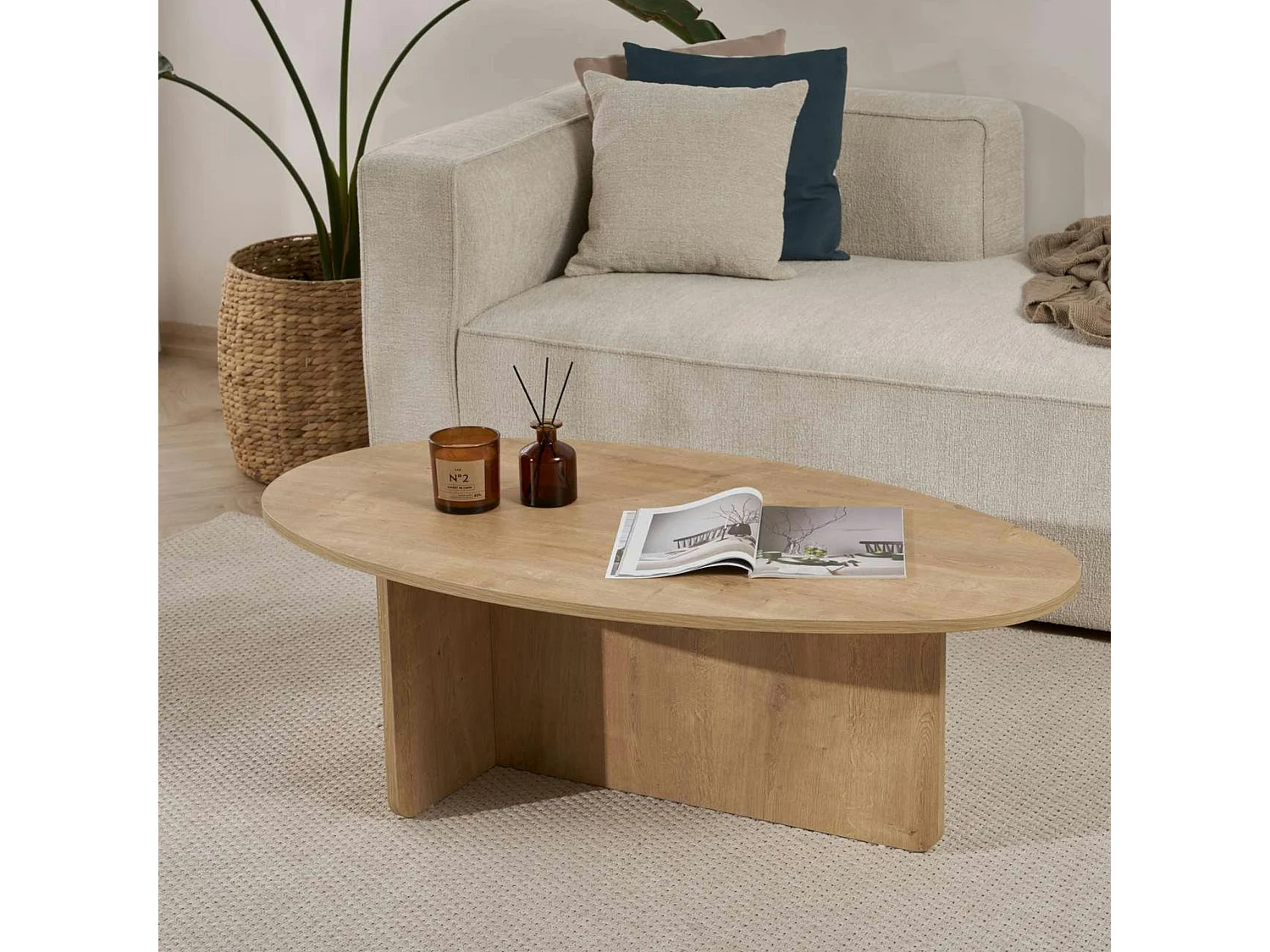 Table basse moderne ovale effet bois clair – pied en T MARFA