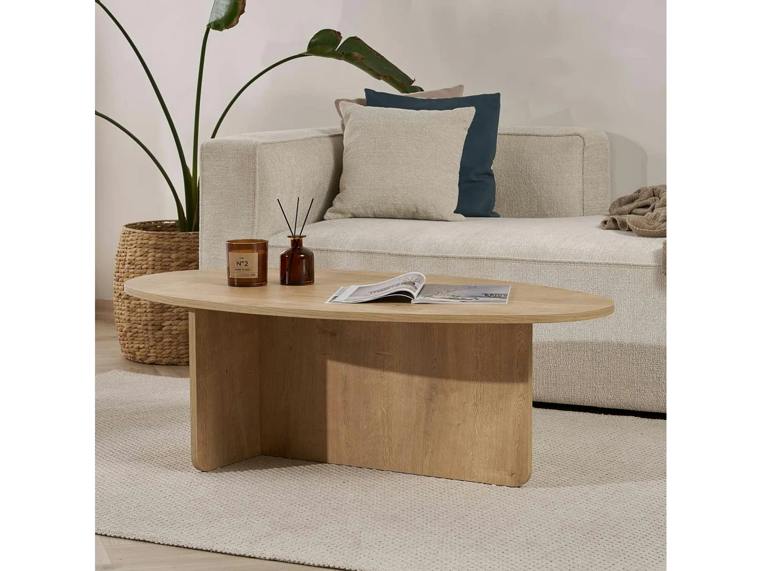 Table basse moderne ovale effet bois clair – pied en T MARFA