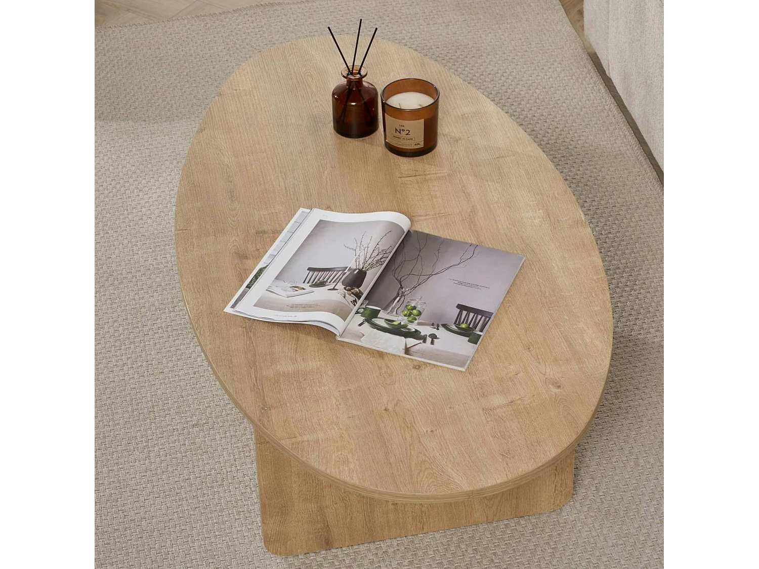 Table basse moderne ovale effet bois clair – pied en T MARFA