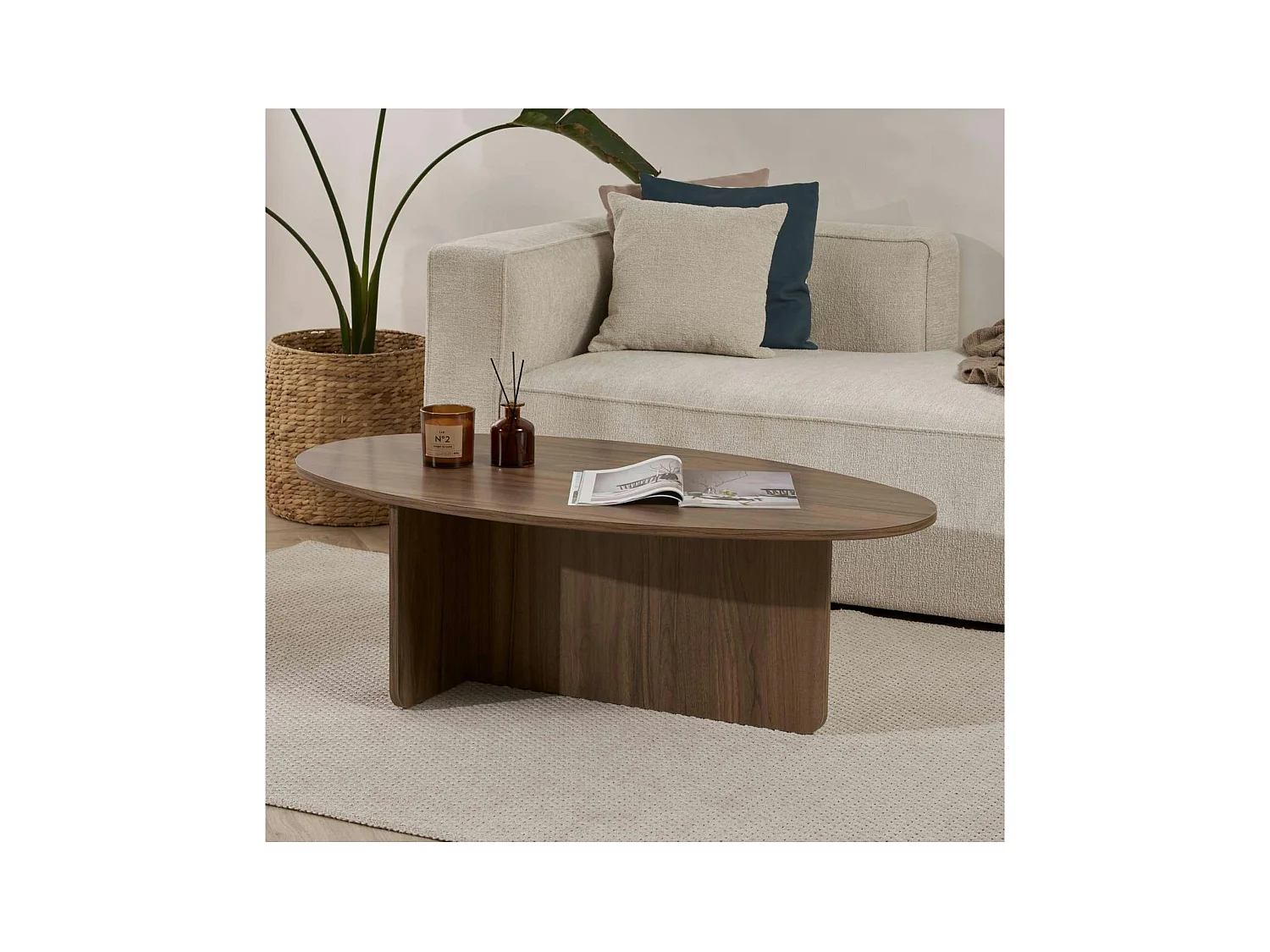 Table basse moderne ovale effet noyer – pied en T MARFA