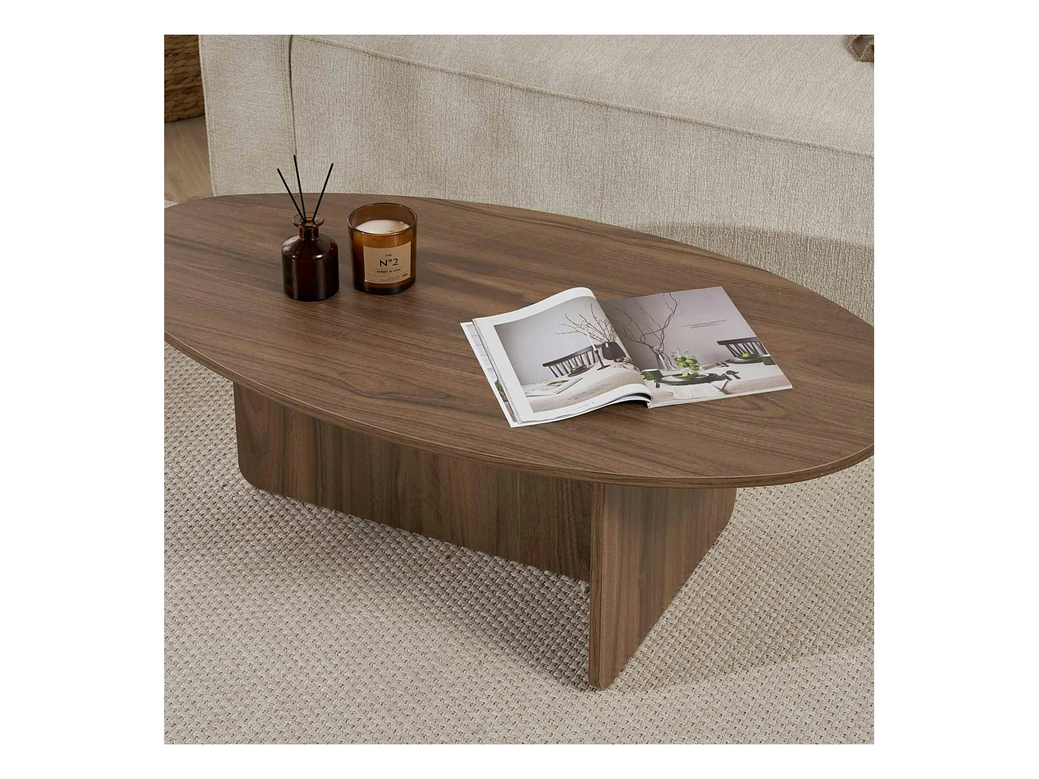 Table basse moderne ovale effet noyer – pied en T MARFA