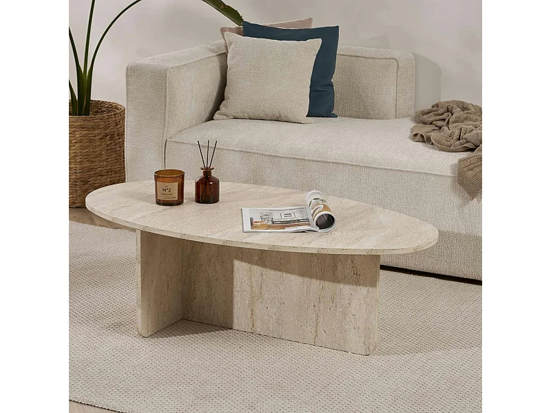 Table basse moderne ovale effet travertin – pied en T MARFA