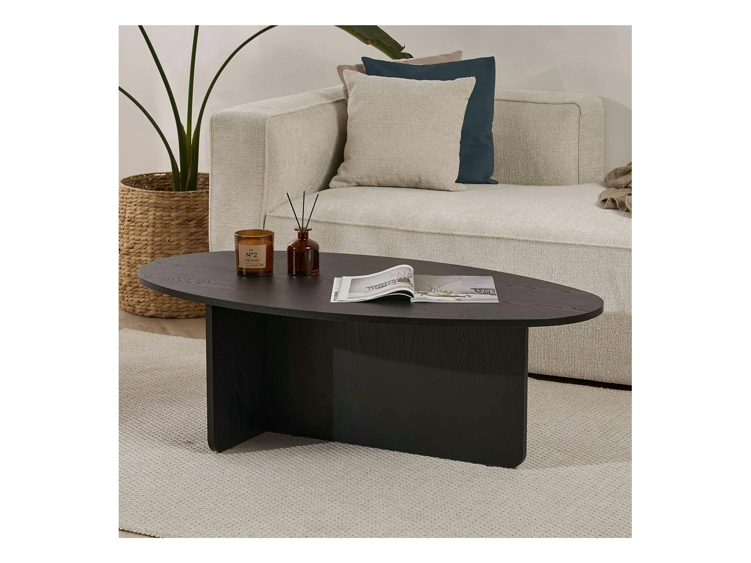 Table basse moderne ovale effet bois noir – pied en T MARFA