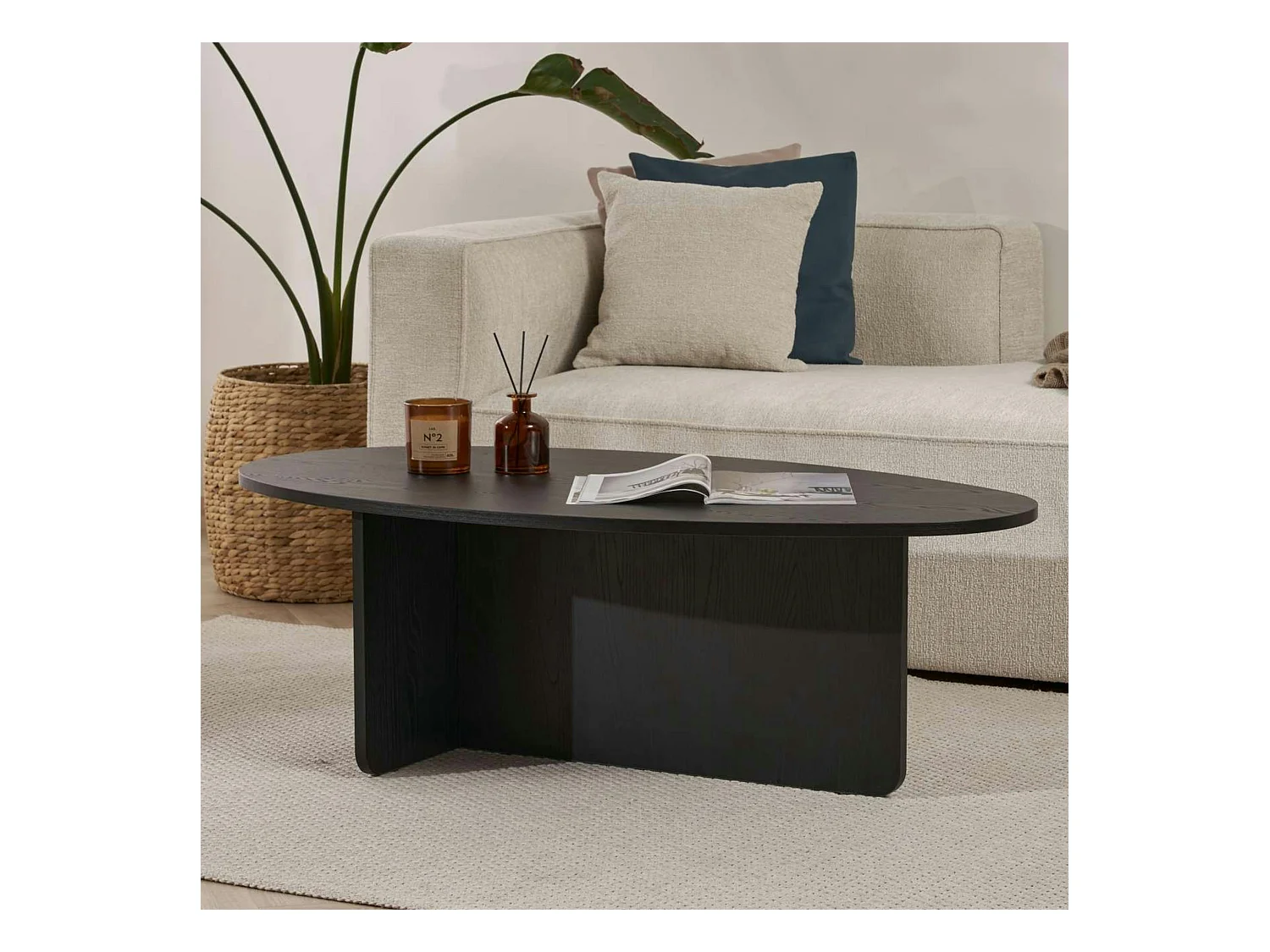 Table basse moderne ovale effet bois noir – pied en T MARFA