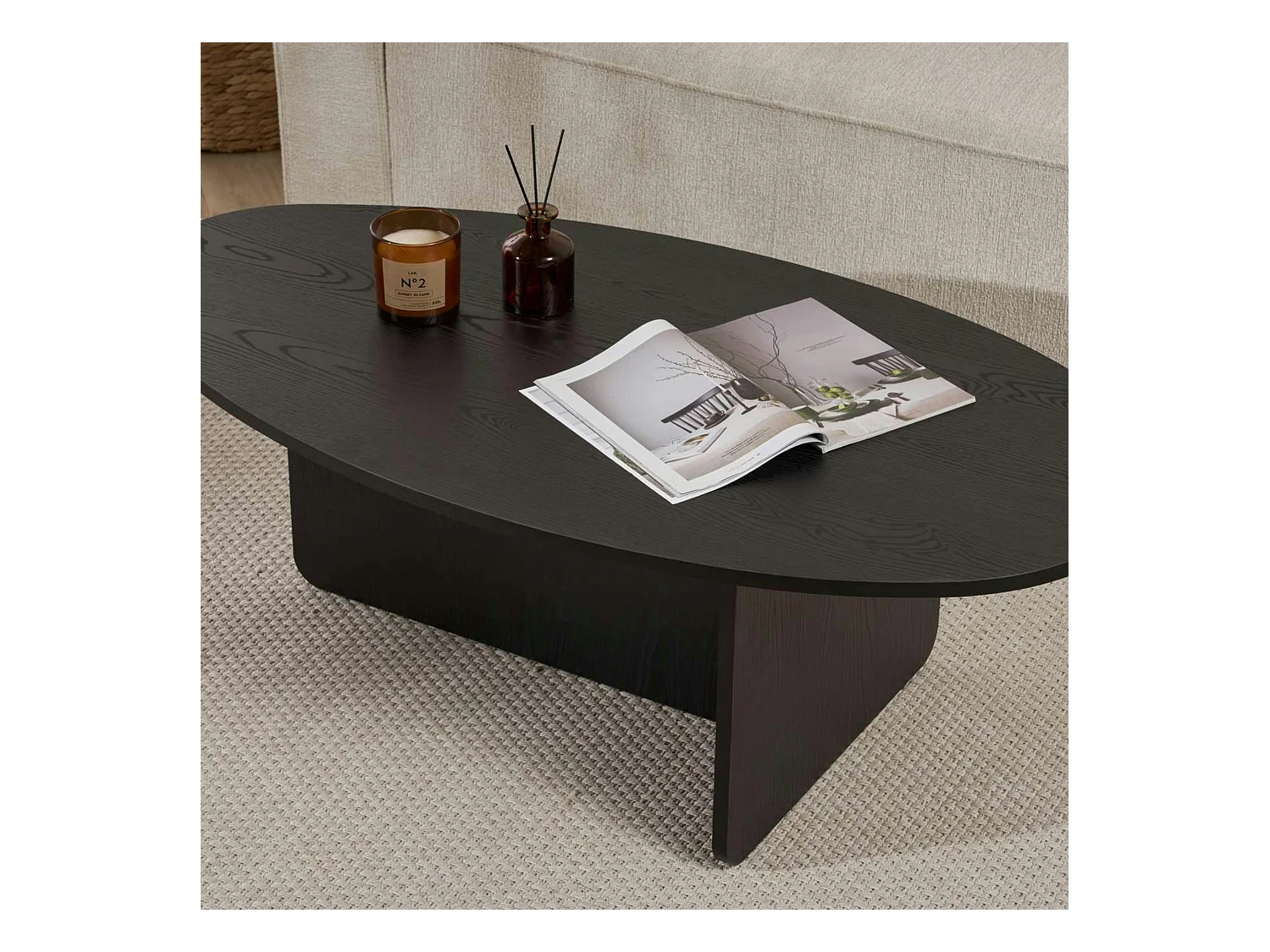 Table basse moderne ovale effet bois noir – pied en T MARFA