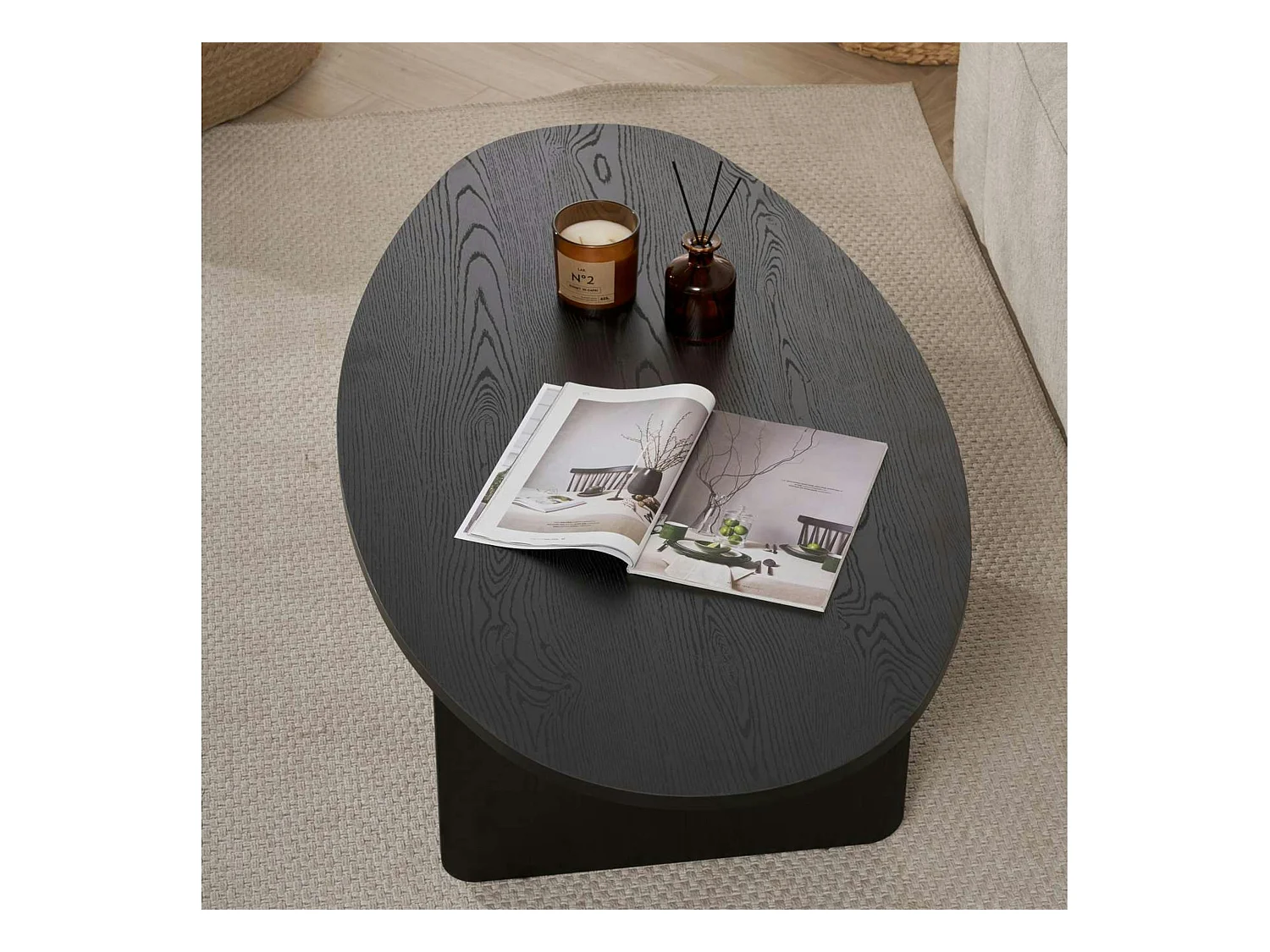 Table basse moderne ovale effet bois noir – pied en T MARFA