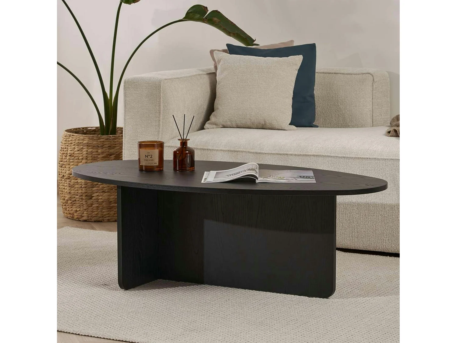 Table basse moderne ovale effet bois noir – pied en T MARFA