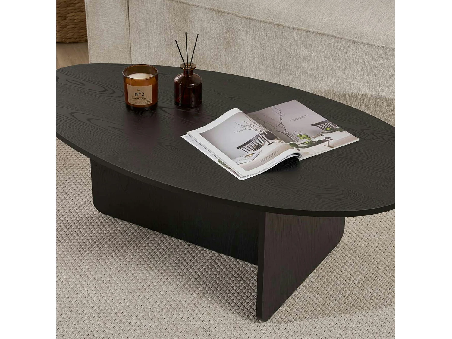 Table basse moderne ovale effet bois noir – pied en T MARFA