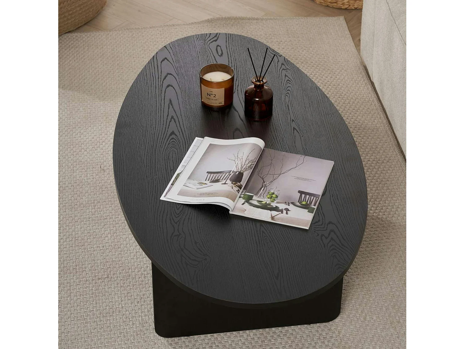 Table basse moderne ovale effet bois noir – pied en T MARFA