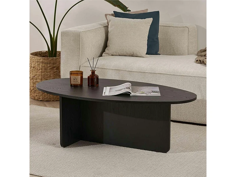 Table basse moderne ovale effet bois noir – pied en T MARFA