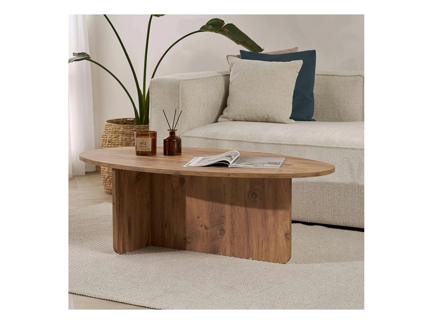 Table basse moderne ovale effet pin – pied en T MARFA