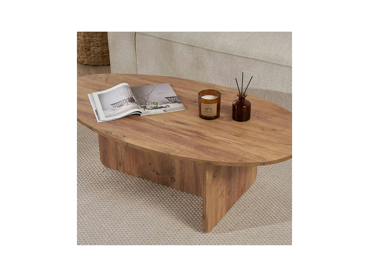 Table basse moderne ovale effet pin – pied en T MARFA