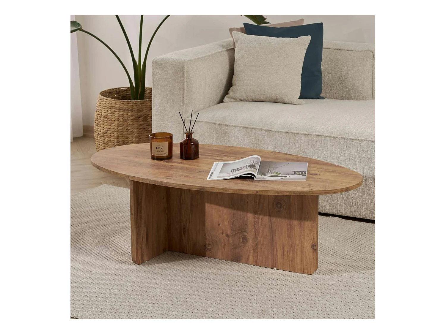 Table basse moderne ovale effet pin – pied en T MARFA