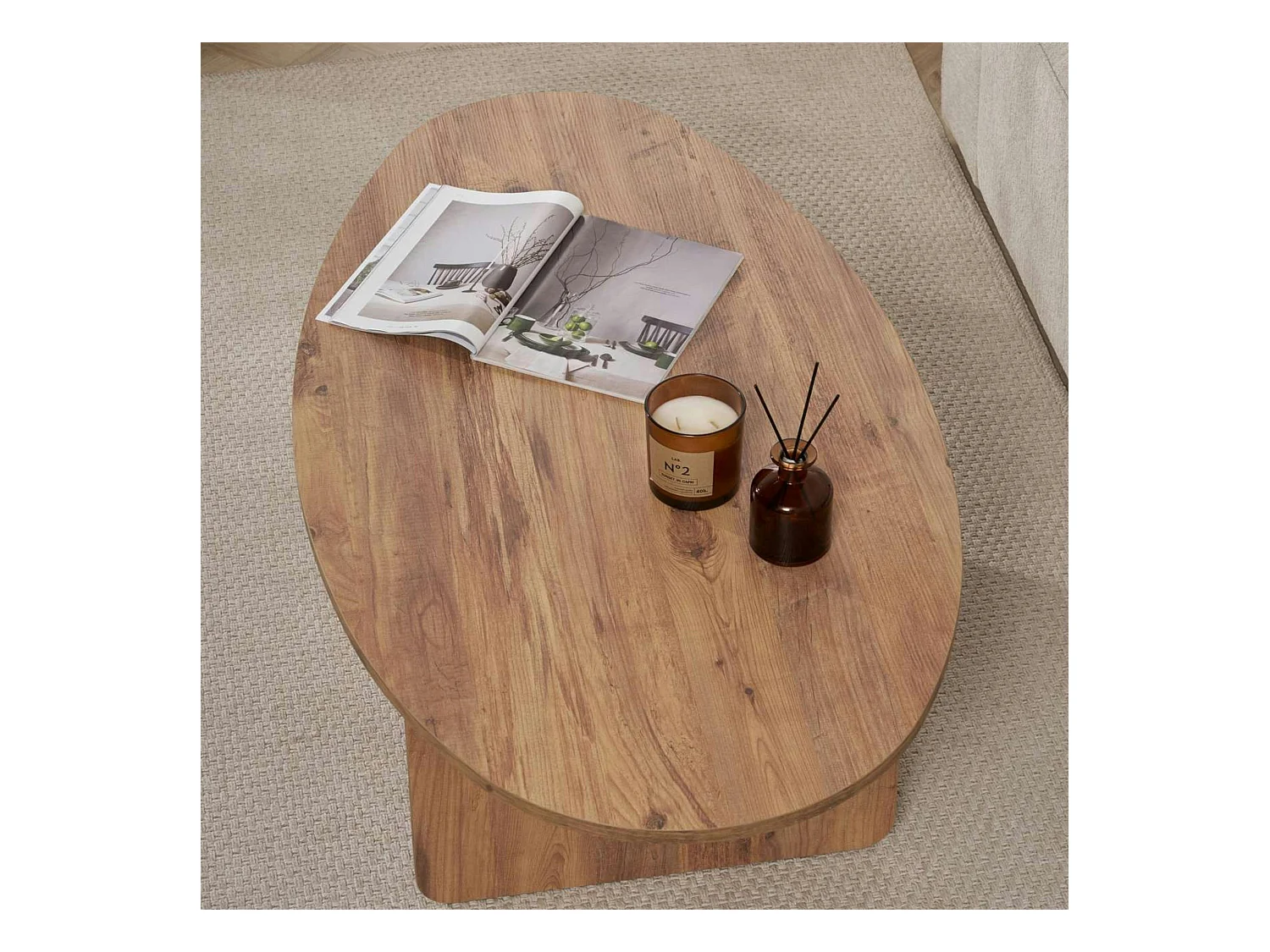 Table basse moderne ovale effet pin – pied en T MARFA