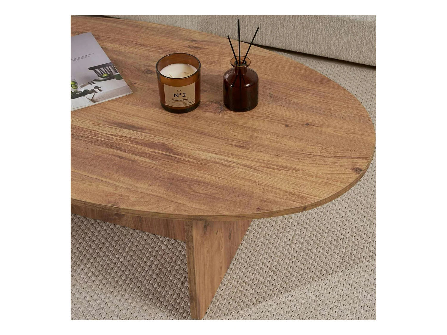 Table basse moderne ovale effet pin – pied en T MARFA