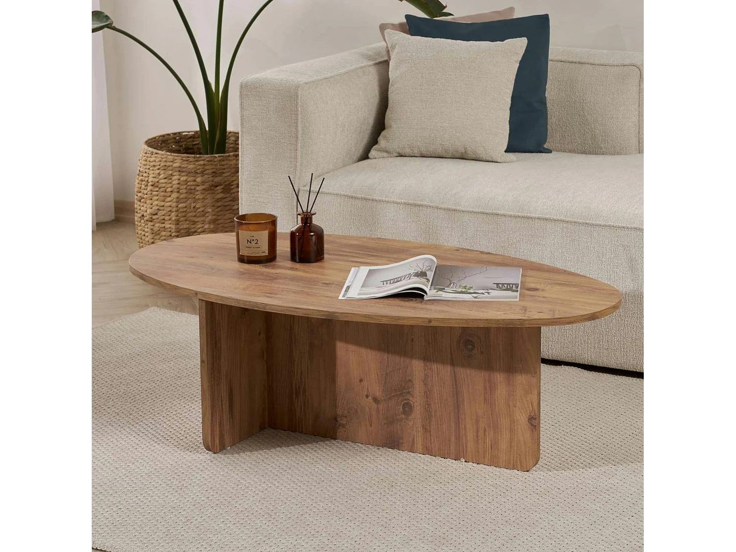 Table basse moderne ovale effet pin – pied en T MARFA