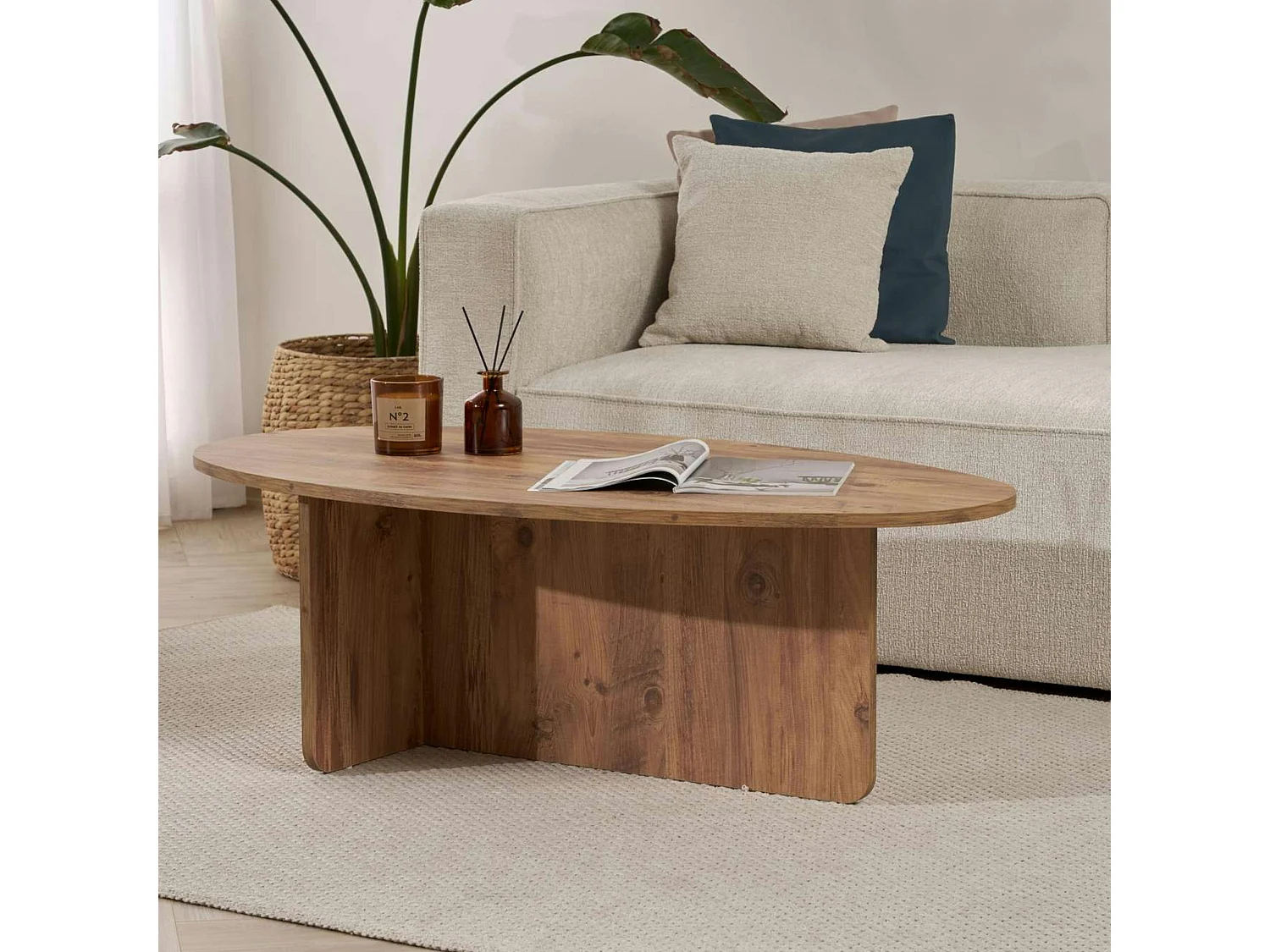 Table basse moderne ovale effet pin – pied en T MARFA