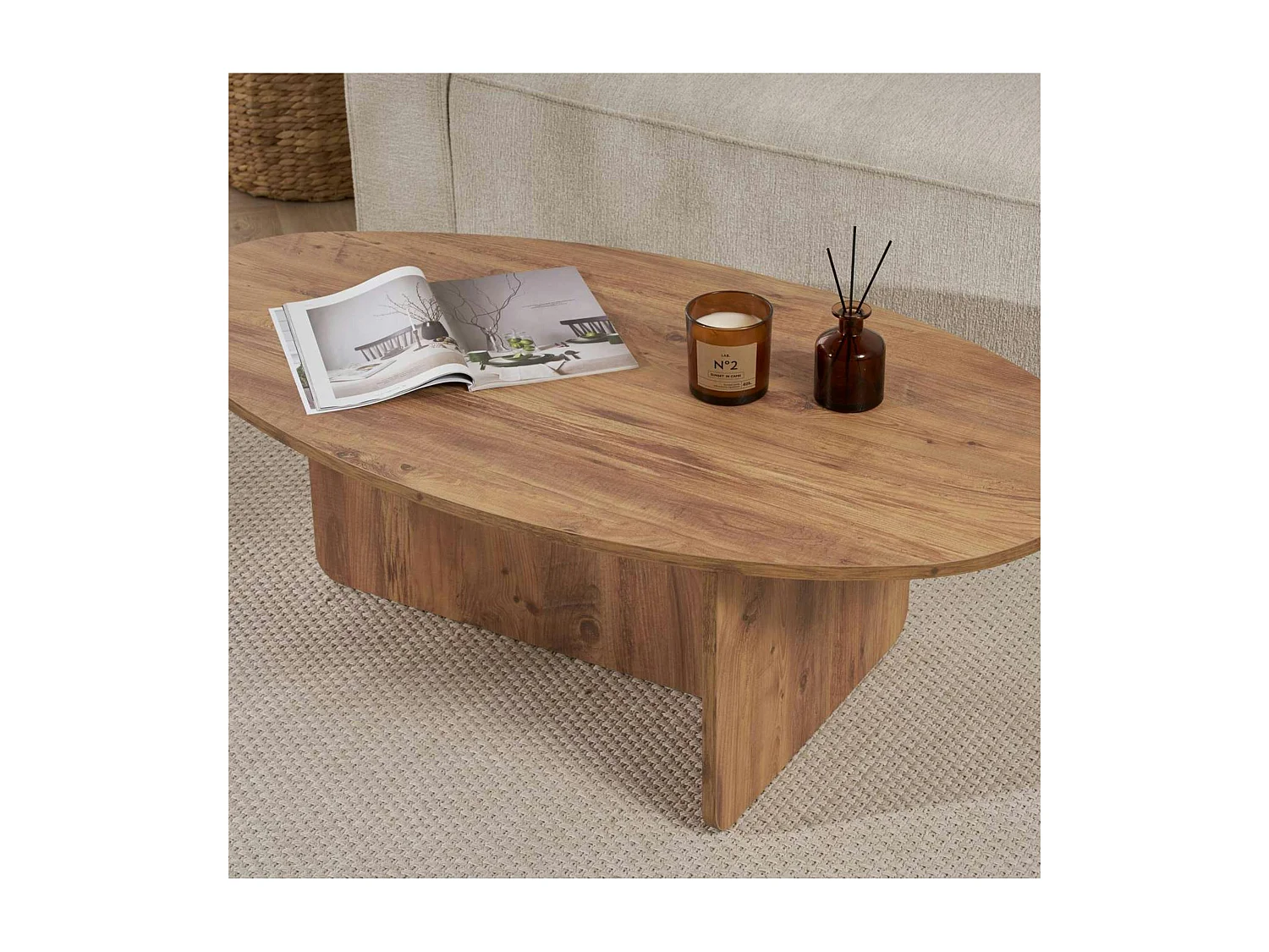 Table basse moderne ovale effet pin – pied en T MARFA