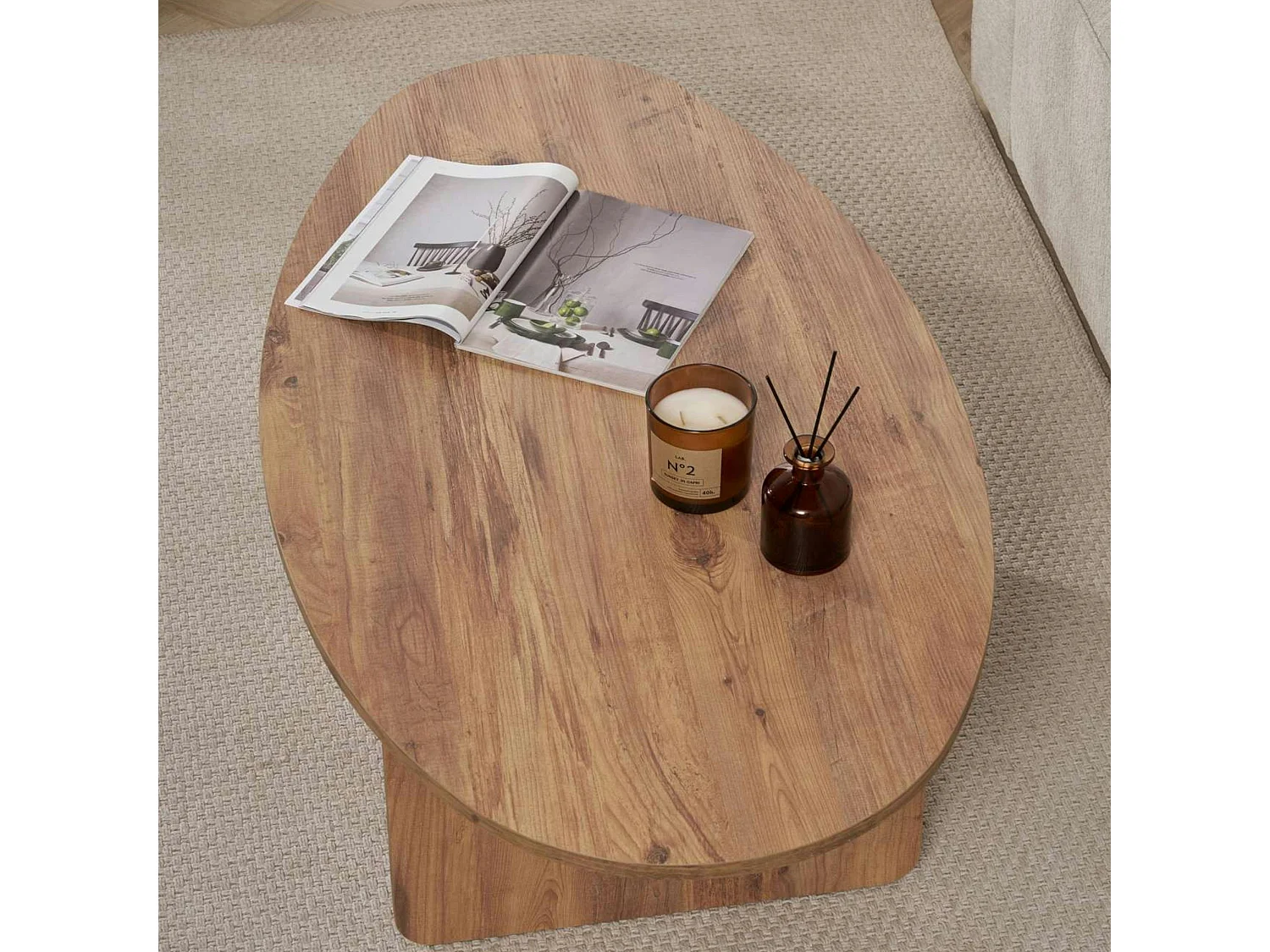 Table basse moderne ovale effet pin – pied en T MARFA