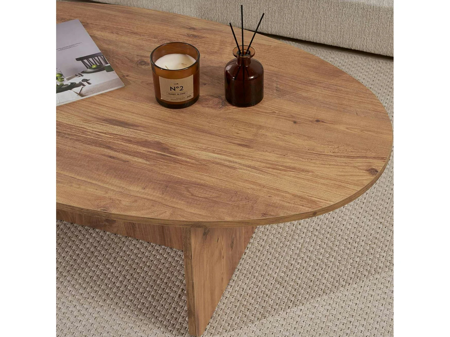 Table basse moderne ovale effet pin – pied en T MARFA