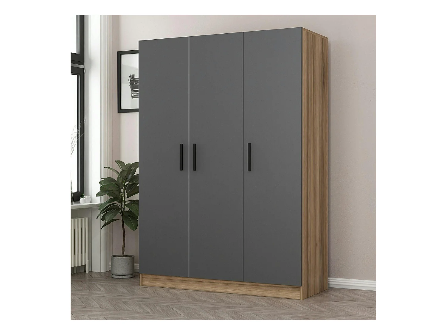 Armoire penderie moderne effet bois - 3 portes grises BYRON