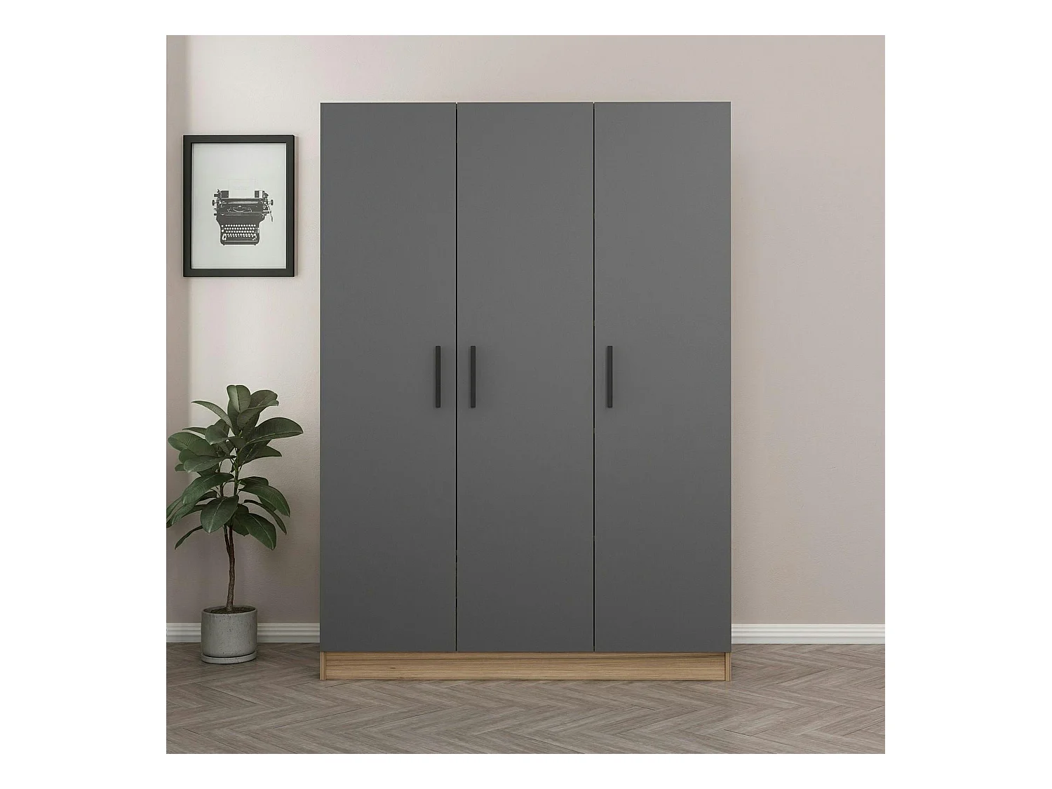 Armoire penderie moderne effet bois - 3 portes grises BYRON