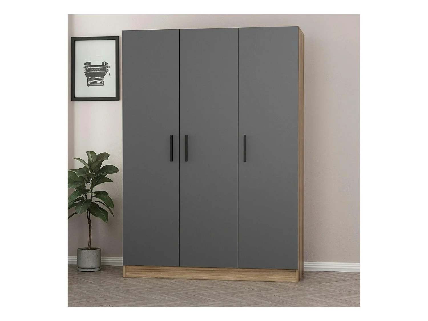 Armoire penderie moderne effet bois - 3 portes grises BYRON