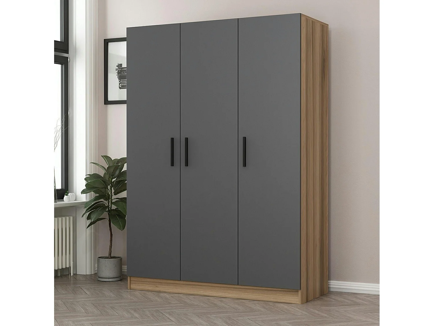 Armoire penderie moderne effet bois - 3 portes grises BYRON