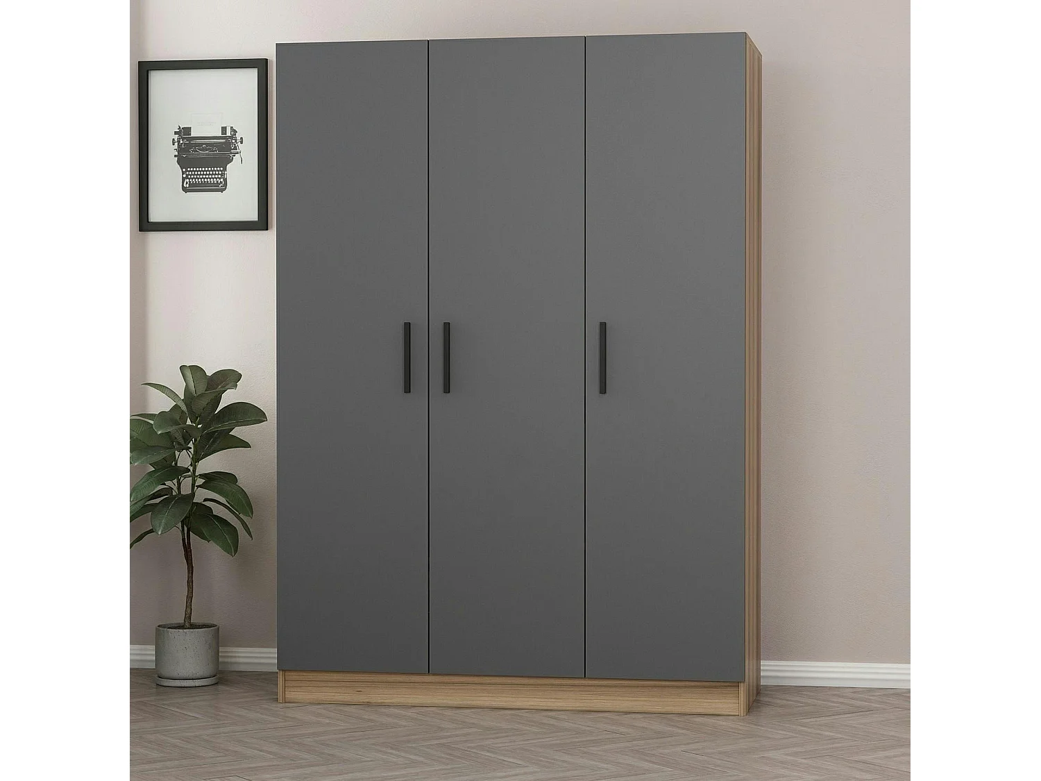 Armoire penderie moderne effet bois - 3 portes grises BYRON
