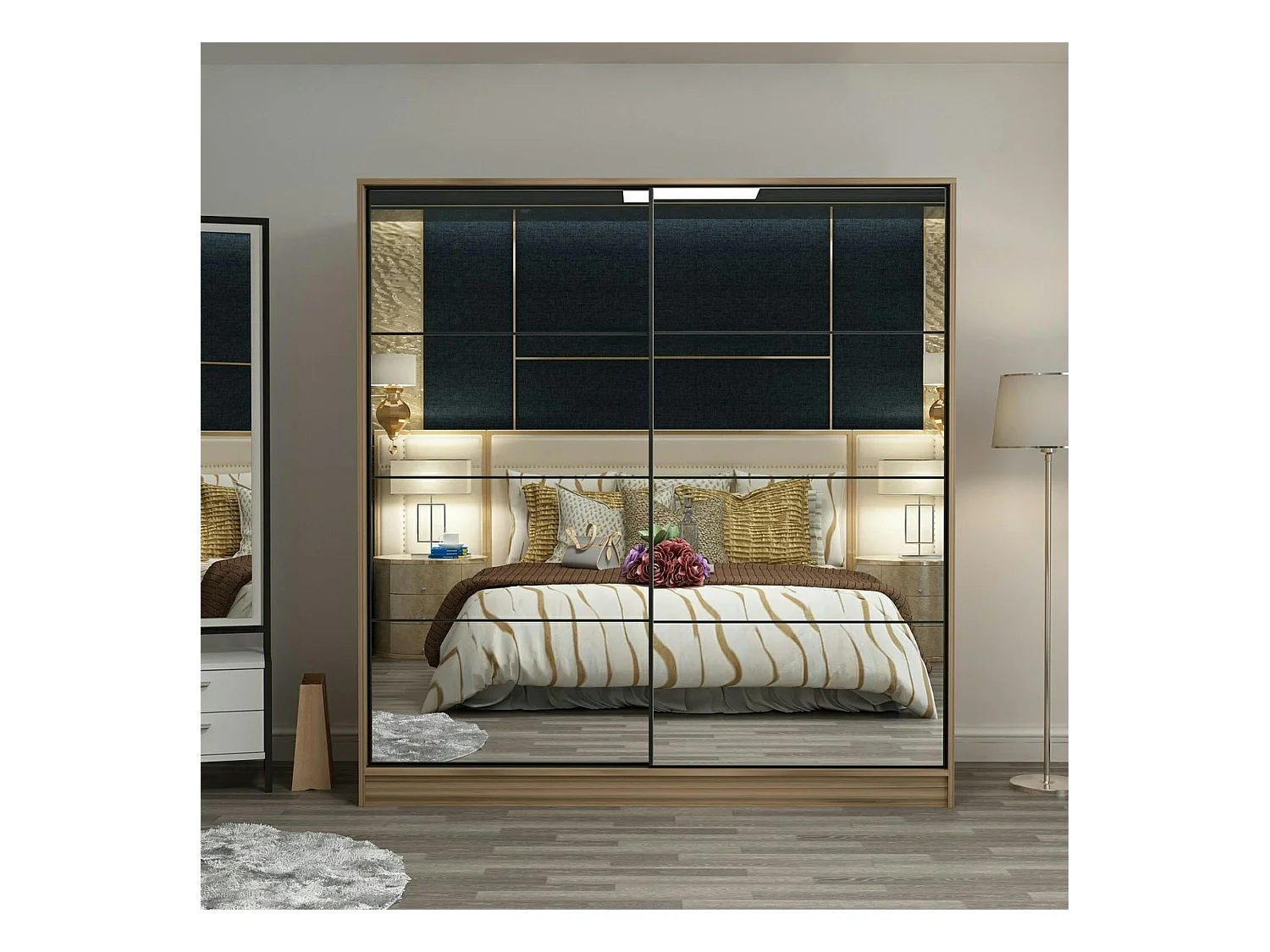 Armoire penderie portes coulissantes, effet bois & miroir BYRON